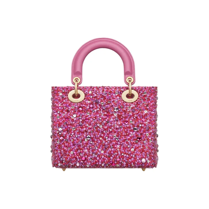 DIOR Lady Dior Rhinestone Embroidered Velvet Fabric Dior Bag Shoulder Bag Crossbody Bag Handbag Small Size Women's Pink-4