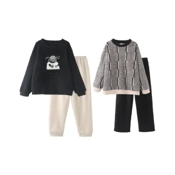 Chun Xi Pajama Set Unisex Black Little Lamb Stripes Black