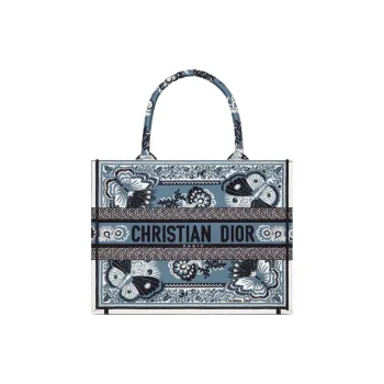DIOR BookTote Embroidery Tote Bag Shopping Bag Handbag Medium Size Women's Denim Blue