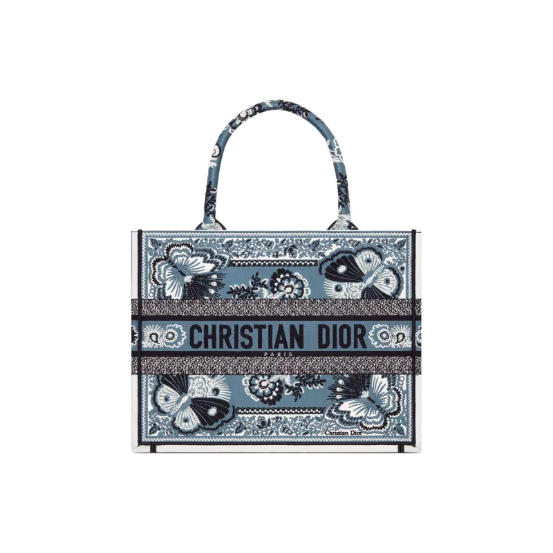 DIOR BookTote Embroidery Tote Bag Shopping Bag Handbag Medium Size Women's Denim Blue-0