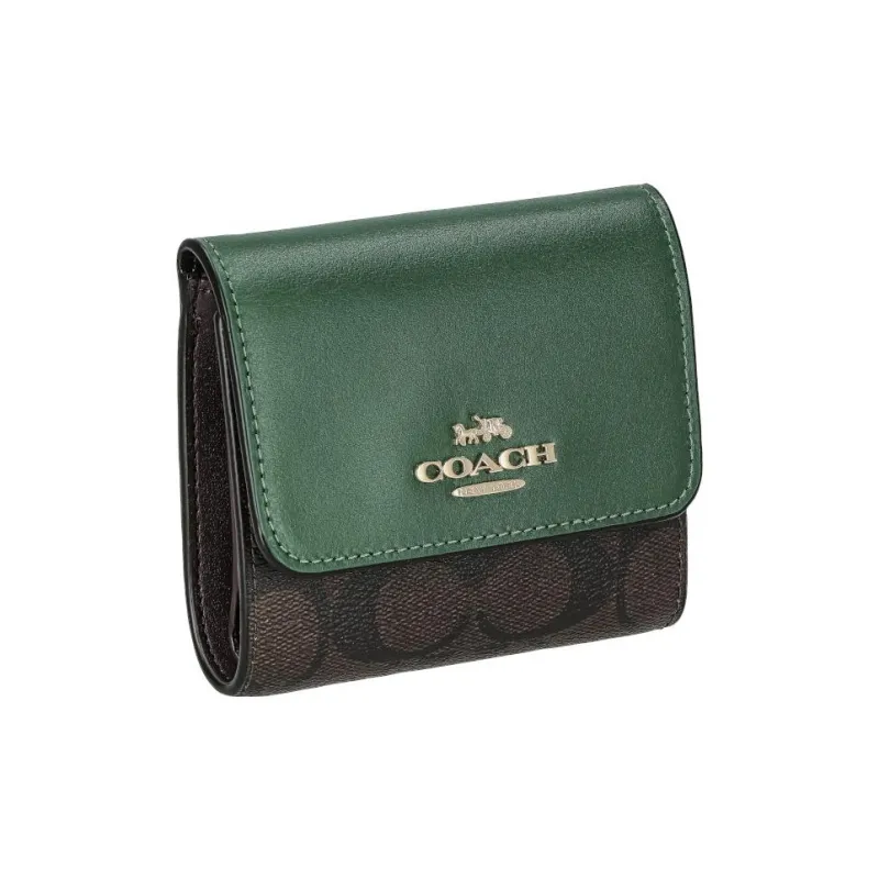 COACH Trifold Wallet Coated Canvas With Smooth Leather Card Holder Wallet Small Size Women's Coffee Stacked Green-1