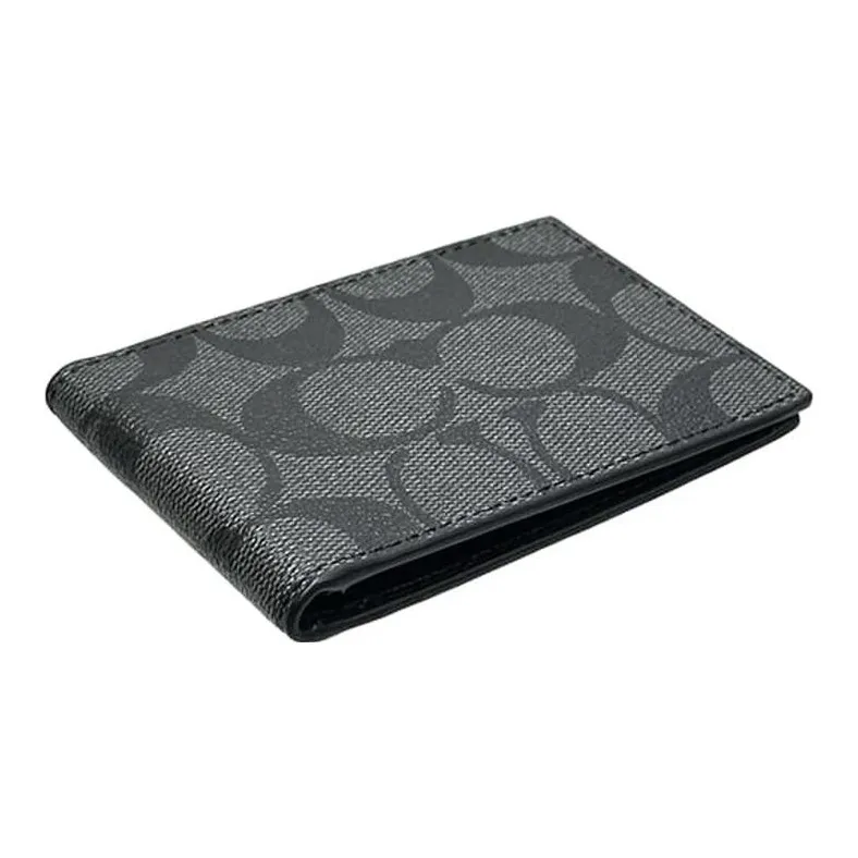 COACH Billfold Wallet Coated Canvas With Calfskin Card Slot Document Set Coin Purse Wallet Unisex Black-1