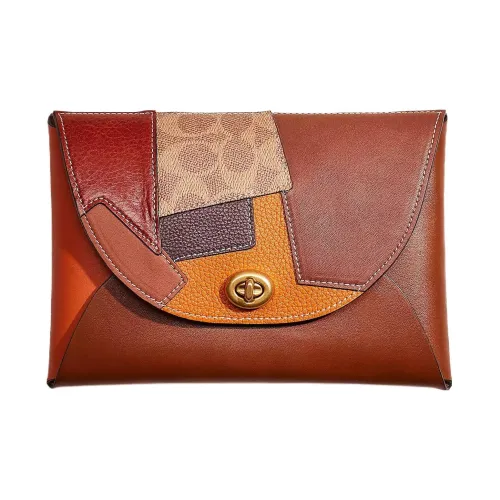COACH Pouch Leather Wallets Clutches Small Size Women's Brown & Multicolor