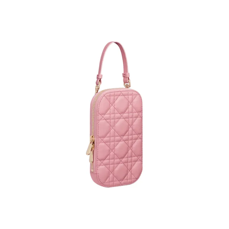 DIOR Lady Dior Lambskin Portable One Shoulder Crossbody Cell Phone Pouch Women's Peach Pink-1