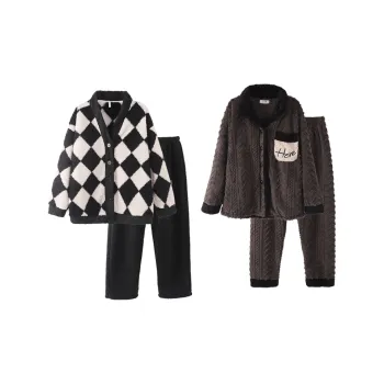 Chun Xi Pajama Set Unisex Black And White Plaid With Dark Brown