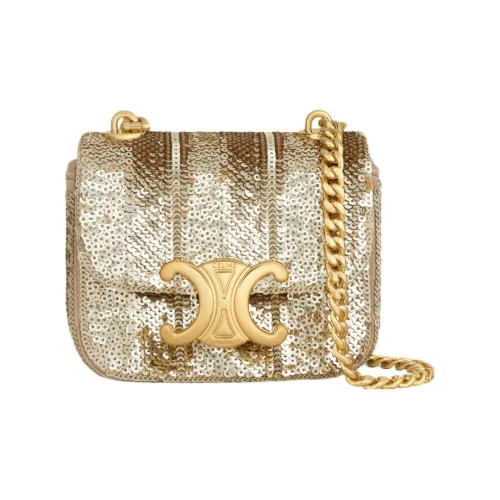 CELINE Sequins With Nylon Satin Patchwork Sheepskin Shoulder Bag Crossbody Bag Mini Women's Gold