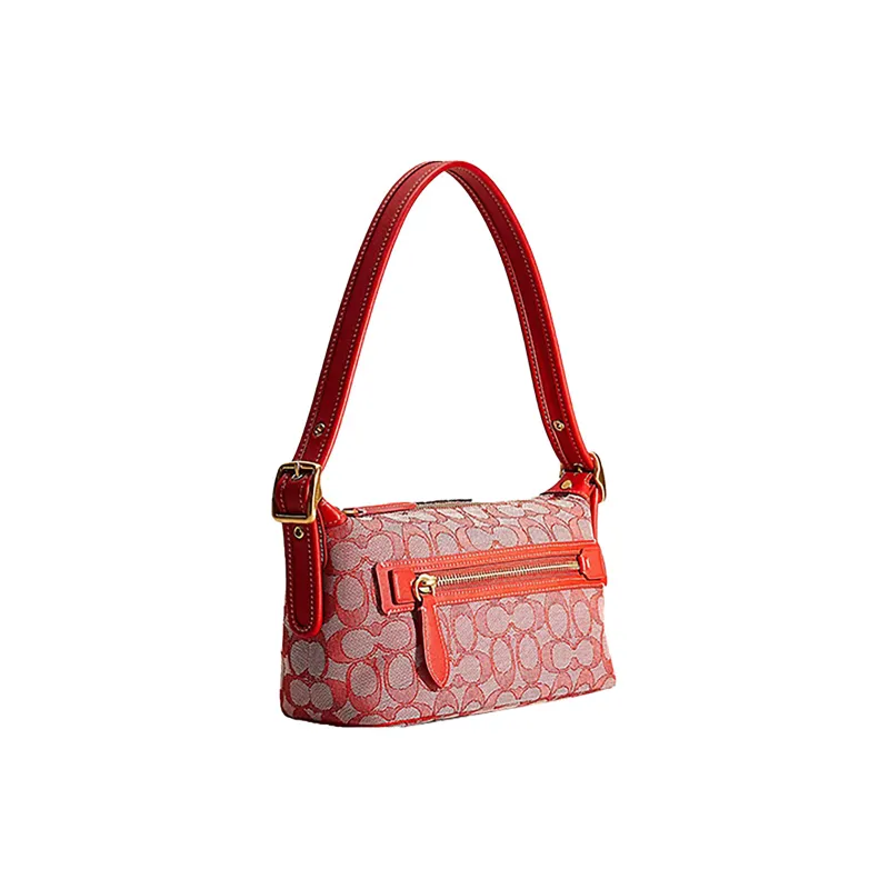 COACH Demi Jacquard Patchwork Recycled Leather Shoulder Bag Handbag Medium Size Women's Brass Sports Red-1