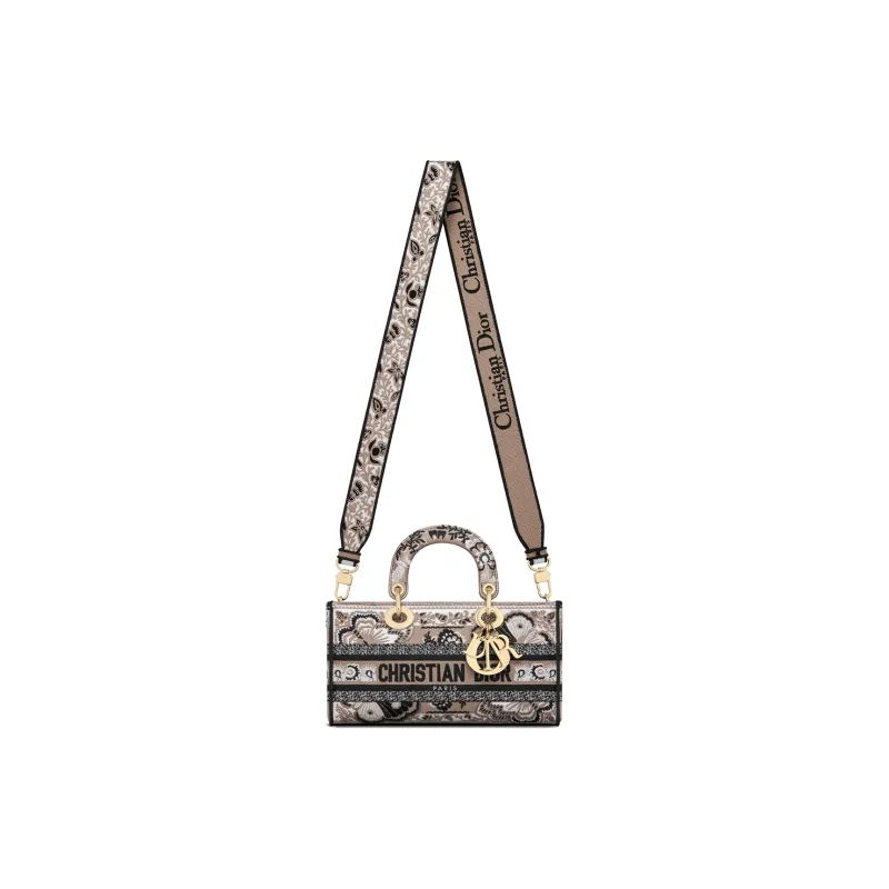 DIOR Lady D-JOY Butterfly Bandana Pattern Embroidery Shoulder Bag Crossbody Bag Handbag Medium Size Women's Beige-2