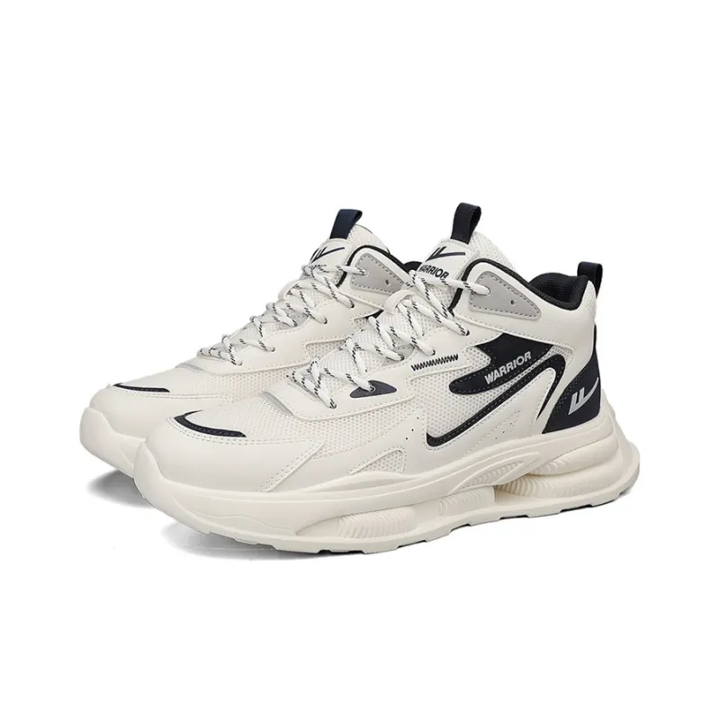Warrior Height Increasing Abrasion Resistant Breathable Mid Top Lace Up, Chunky Sneakers Men's Beige Dark Blue-2