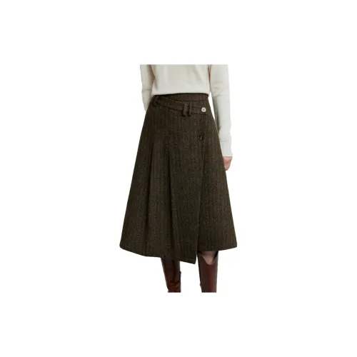 ELLE Casual Long Skirts Women's Reddish Brown Plaid