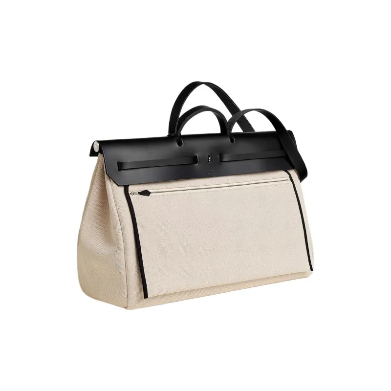 HERMES Herbag Zip H Plume Canvas Handbag Regular Men's Black & Light Beige-2