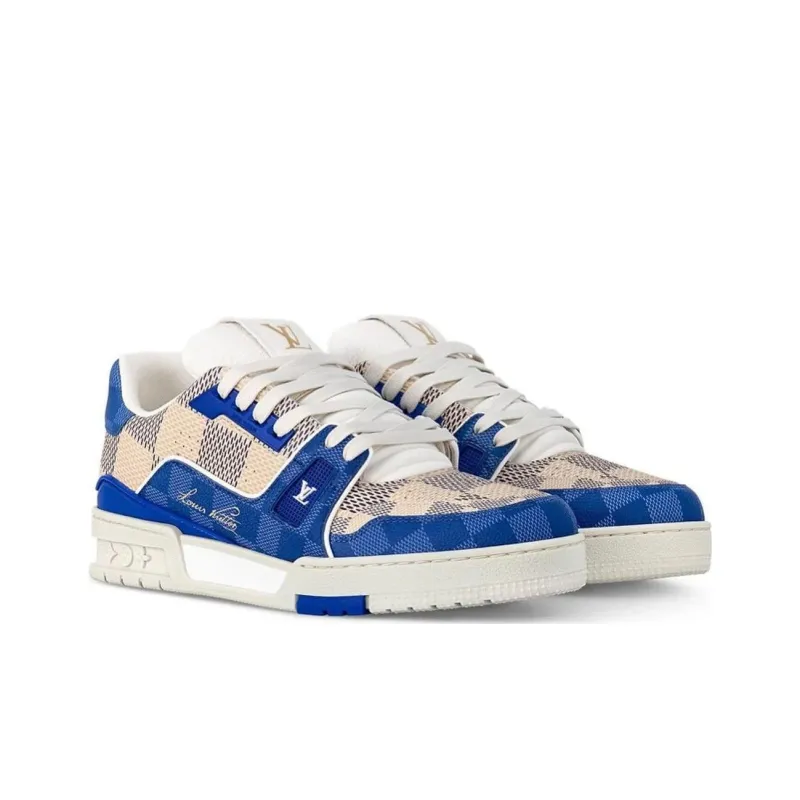 LOUIS VUITTON Trainer Low Top Skateboard Shoes Men's Blue Beige-1