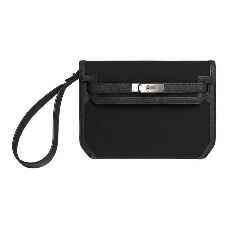 HERMES Kelly Depeches Woolycot Canvas With Togo Calfskin Clutch Regular Men's Black-0