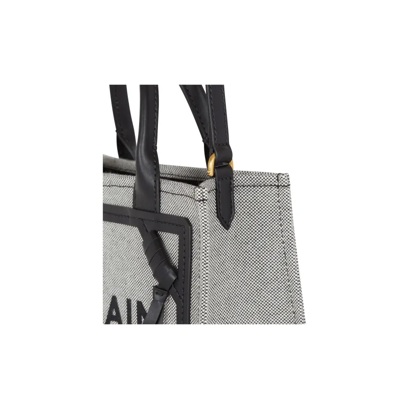BALMAIN B-ARMY Canvas With Leather Tote Bag Shopping Bag Canvas Bag Handbags Small Size Women's Gray & Black-4