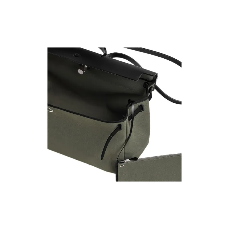 HERMES Herbag Zip Canvas With Hunter Cow Leather One Shoulder Handbags Men's Gray Green & Black-3