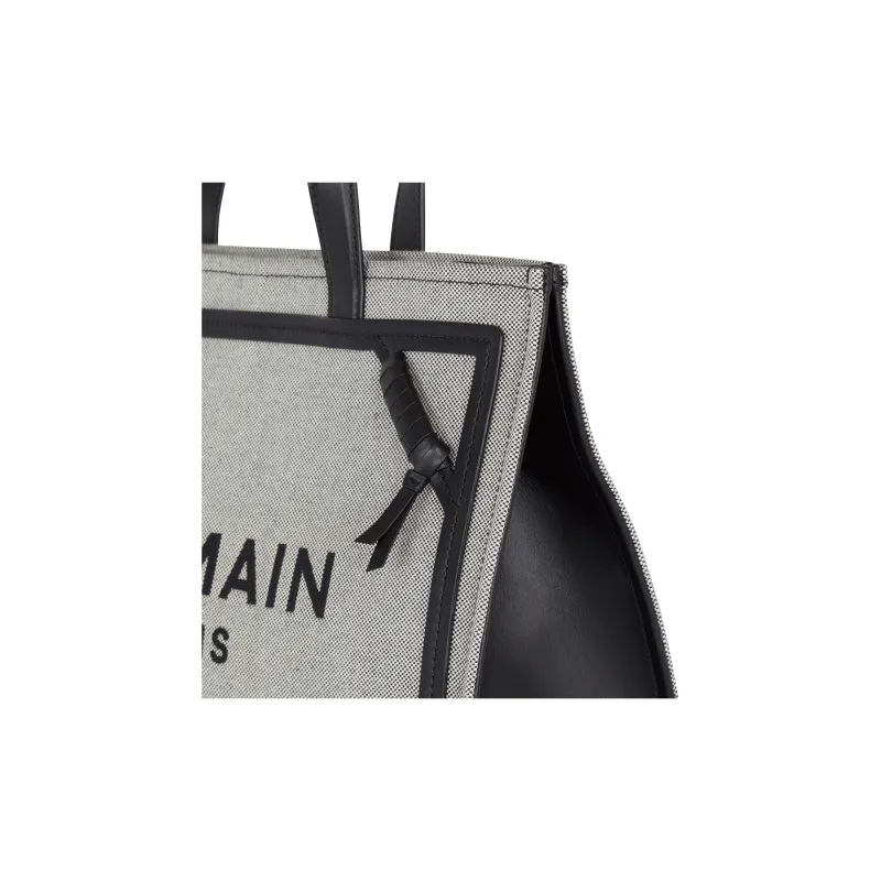 BALMAIN B-ARMY Canvas With Leather Tote Bag Shopping Bag Canvas Bag One Shoulder Handbag Women's Gray & Black-4