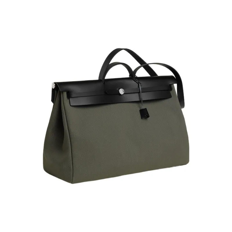 HERMES Herbag Zip Canvas With Hunter Cow Leather One Shoulder Handbags Men's Gray Green & Black-1