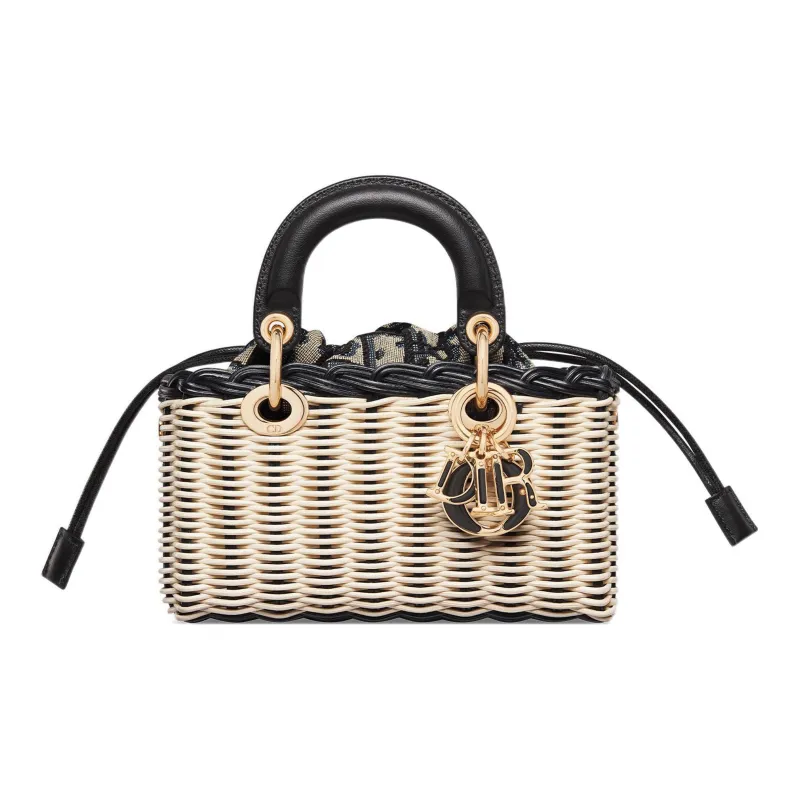 DIOR Lady D-JOY Wicker Shoulder Bag Crossbody Bag Handbag Extra Mini Women's Black & Natural-0