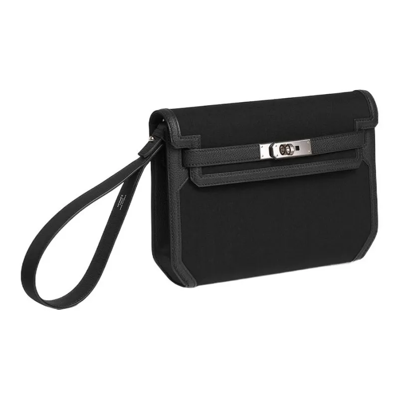 HERMES Kelly Depeches Woolycot Canvas With Togo Calfskin Clutch Regular Men's Black-1