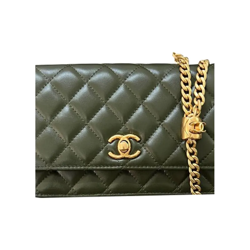 CHANEL Small Gold Ball WOC Sheepskin Wallet On Chain, Chain Wallet, Shoulder Bag, Crossbody Bag Women's Green-2