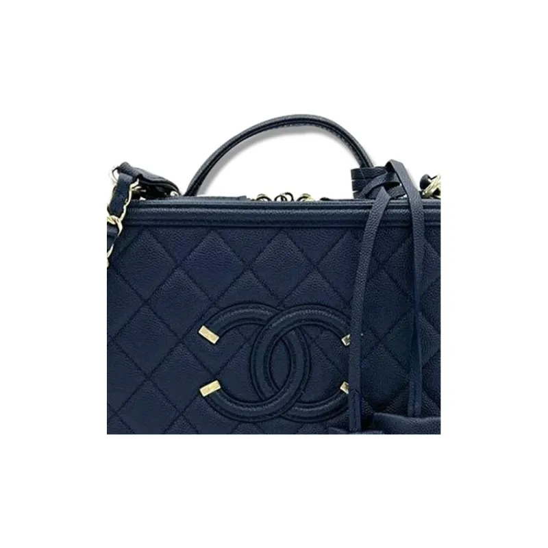 CHANEL Cow Leather Makeup Bag, Handbag, Shoulder Bag, Crossbody Bag Women's Navy Blue-3