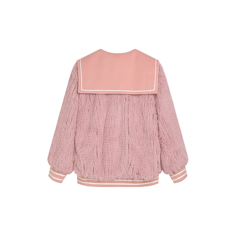 Ice cream and whale Velvet Jackets Women's Leather Pink Plush Coat-1
