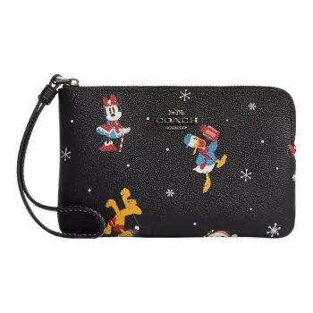 COACH Disney Corner Zip Canvas With Leather Wrist Wallet Small Size Women's Black