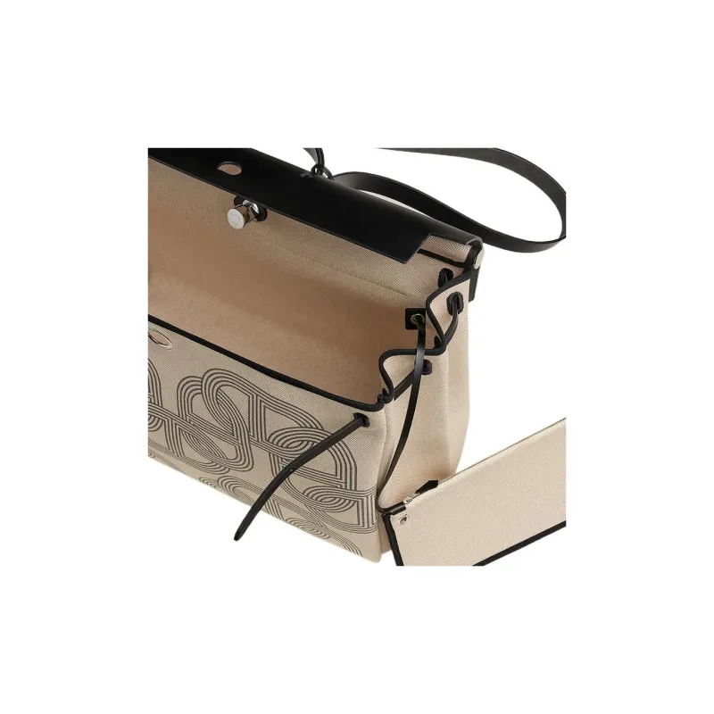 HERMES Herbag Zip H Plume Canvas Handbag Regular Men's Black & Light Beige-3