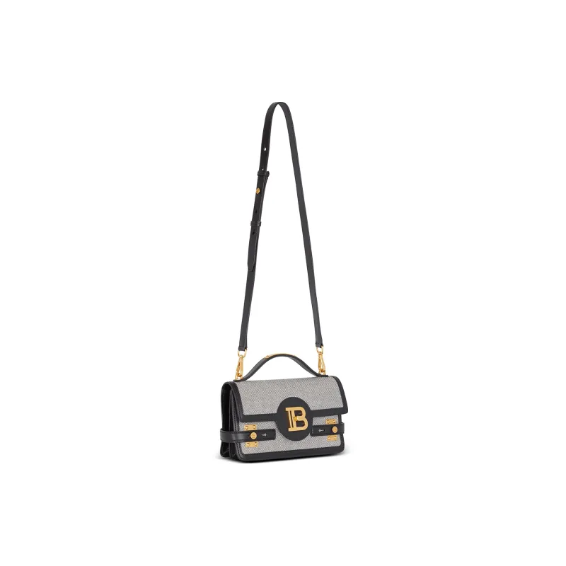 BALMAIN B BUZZ Canvas With Smooth Leather Canvas Bag Crossbody One Shoulder Handbag Women's Gray & Black-1