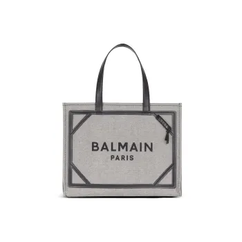 BALMAIN B-ARMY Canvas With Leather Tote Bag Shopping Bag Canvas Bag One Shoulder Handbag Women's Gray & Black