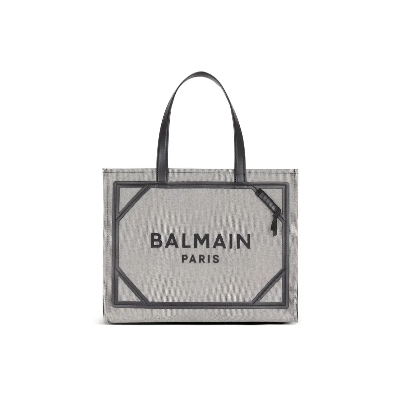 BALMAIN B-ARMY Canvas With Leather Tote Bag Shopping Bag Canvas Bag One Shoulder Handbag Women's Gray & Black-0