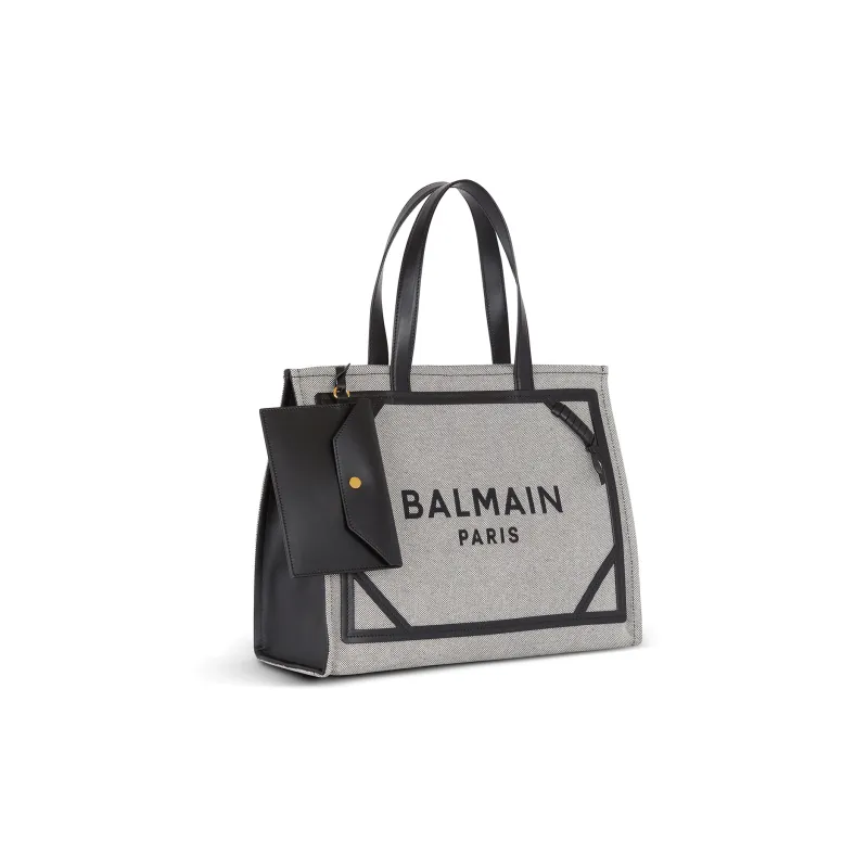 BALMAIN B-ARMY Canvas With Leather Tote Bag Shopping Bag Canvas Bag One Shoulder Handbag Women's Gray & Black-1