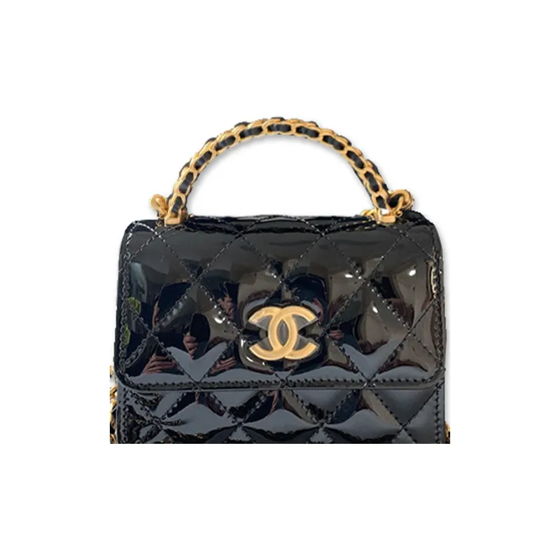 CHANEL 22K Autumn And Winter Patent Leather Handle Bag Kelly Bag Shoulder Crossbody Handbag Small Size Women's Black-2