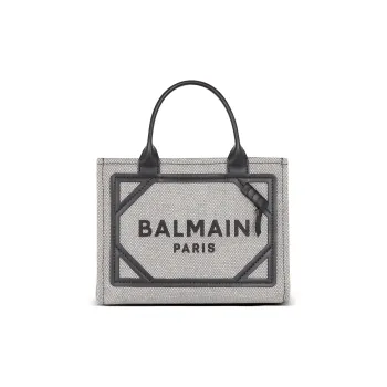 BALMAIN B-ARMY Canvas With Leather Tote Bag Shopping Bag Canvas Bag Handbags Small Size Women's Gray & Black