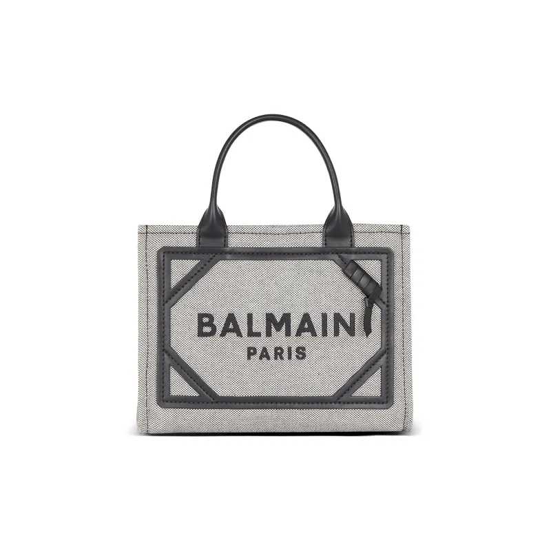 BALMAIN B-ARMY Canvas With Leather Tote Bag Shopping Bag Canvas Bag Handbags Small Size Women's Gray & Black-0