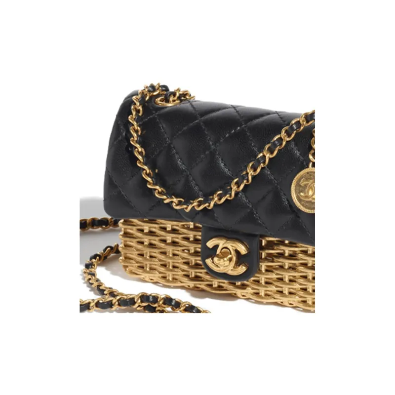 CHANEL Gold Coin Collection Lambskin Evening Bag, Crossbody Bag, Shoulder Bag Women's Black & Gold-2