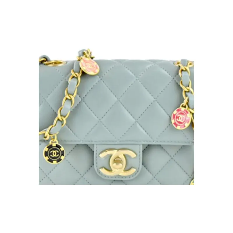 CHANEL Lambskin Flap Bag, Crossbody Bag, Shoulder Bag Women's Light Gray-5