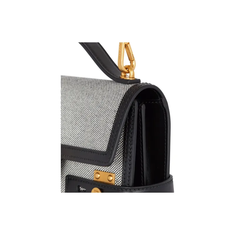 BALMAIN B BUZZ Canvas With Smooth Leather Canvas Bag Crossbody One Shoulder Handbag Women's Gray & Black-3