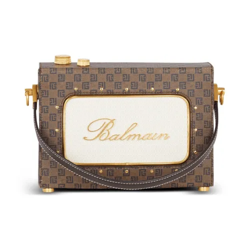 BALMAIN Patent Leather, Calfskin Radio Bag, Box Bag, Shoulder Bag, Crossbody Bag Mini Women's Brown