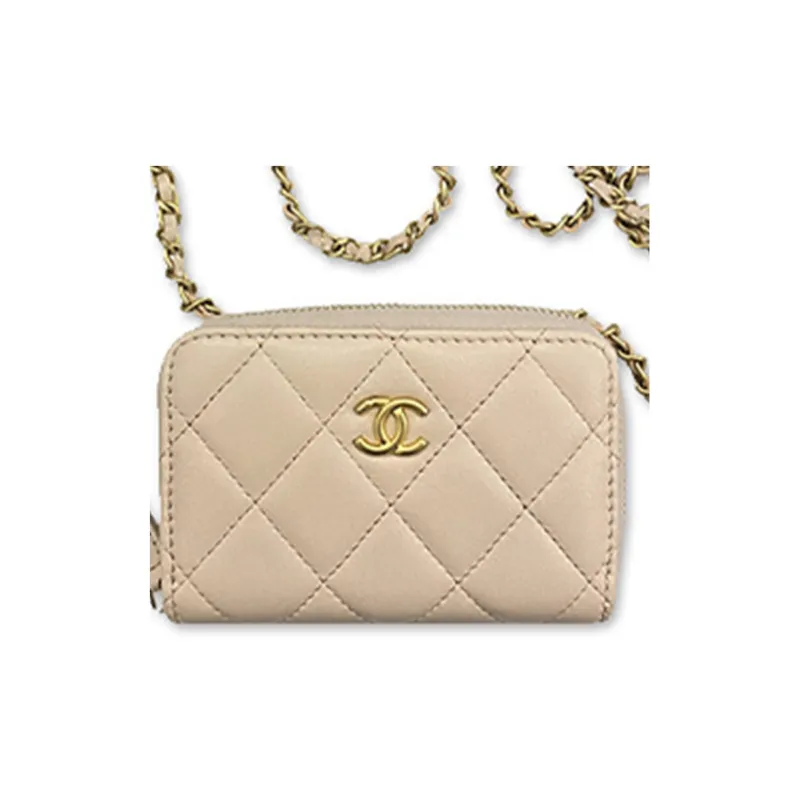 CHANEL 22c Early Spring Lambskin Card Holder One Shoulder Crossbody Coin Purse Mini Women's Beige-1