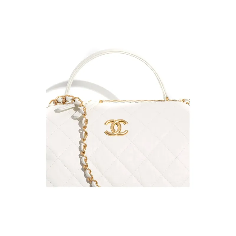 CHANEL Vintage Calfskin Bowling Bag, Doctor Bag, Shoulder Bag, Crossbody Bag, Handbag Women's White-3