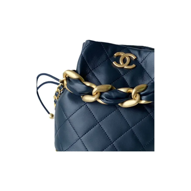 CHANEL Polished Lambskin And Metal Bucket Bag, Portable Crossbody Bag, Shoulder Bag Trumpets Women's Marine Blue-6
