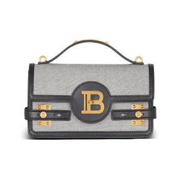 BALMAIN B BUZZ Canvas With Smooth Leather Canvas Bag Crossbody One Shoulder Handbag Women's Gray & Black