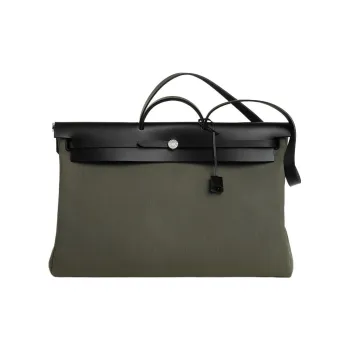 HERMES Herbag Zip Canvas With Hunter Cow Leather One Shoulder Handbags Men's Gray Green & Black
