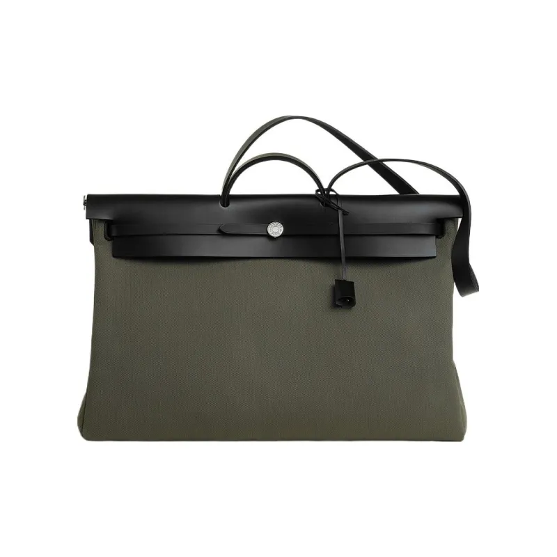 HERMES Herbag Zip Canvas With Hunter Cow Leather One Shoulder Handbags Men's Gray Green & Black-0