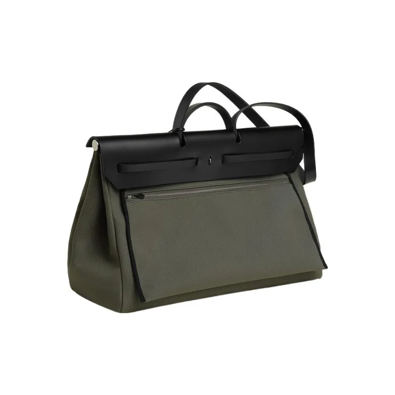 HERMES Herbag Zip Canvas With Hunter Cow Leather One Shoulder Handbags Men's Gray Green & Black-2