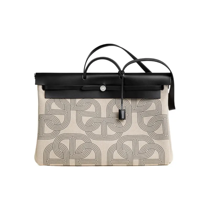 HERMES Herbag Zip H Plume Canvas Handbag Regular Men's Black & Light Beige-0