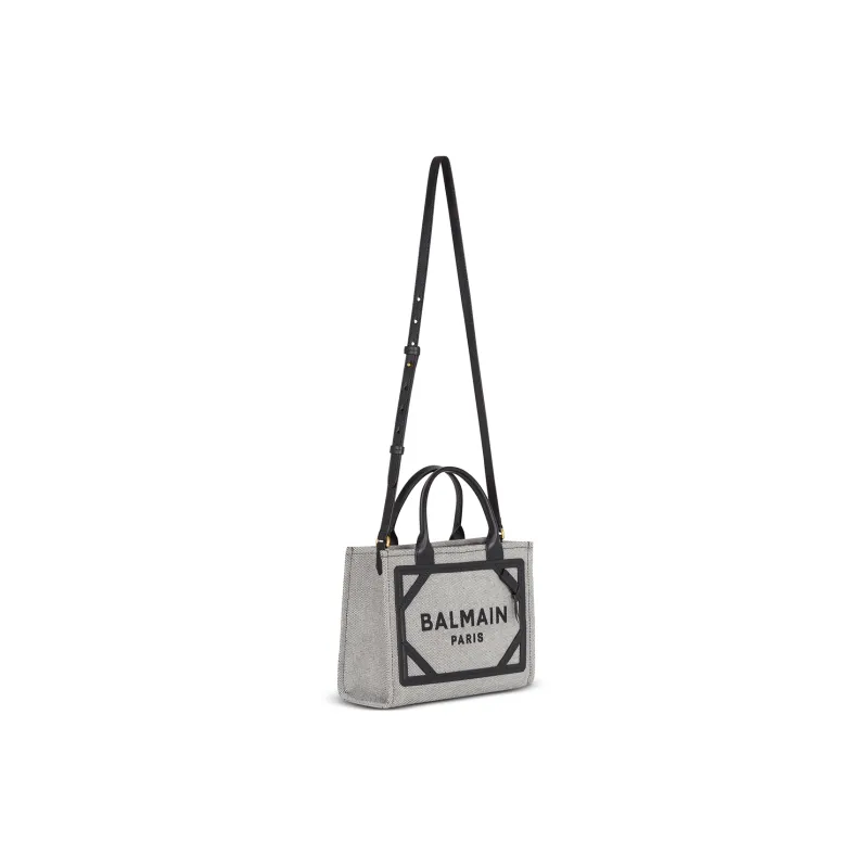 BALMAIN B-ARMY Canvas With Leather Tote Bag Shopping Bag Canvas Bag Handbags Small Size Women's Gray & Black-1