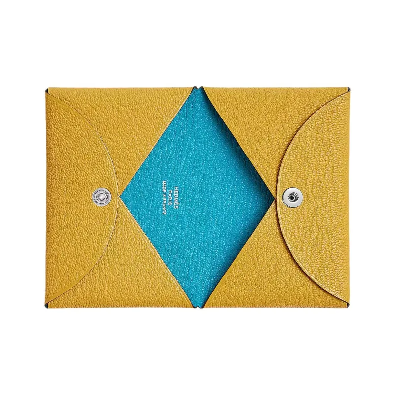 HERMES Calvi Mysore Goat Skin Wallet, Coin Purse, Card Holder Regular Women's Sunshine Gold & Frida Blue-1