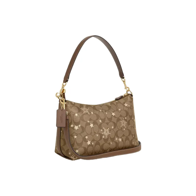 COACH Clara Iconic Coated Canvas With Smooth Leather Shoulder Bag, Handbag Medium Size Women's Khaki-1